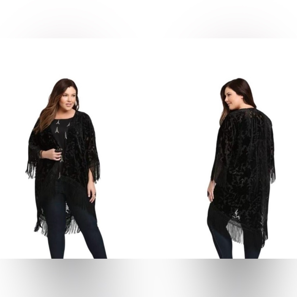 Torrid Women’s Black Velvet Burnout Floral Fringe Open Front Semi-Sheer Kimono